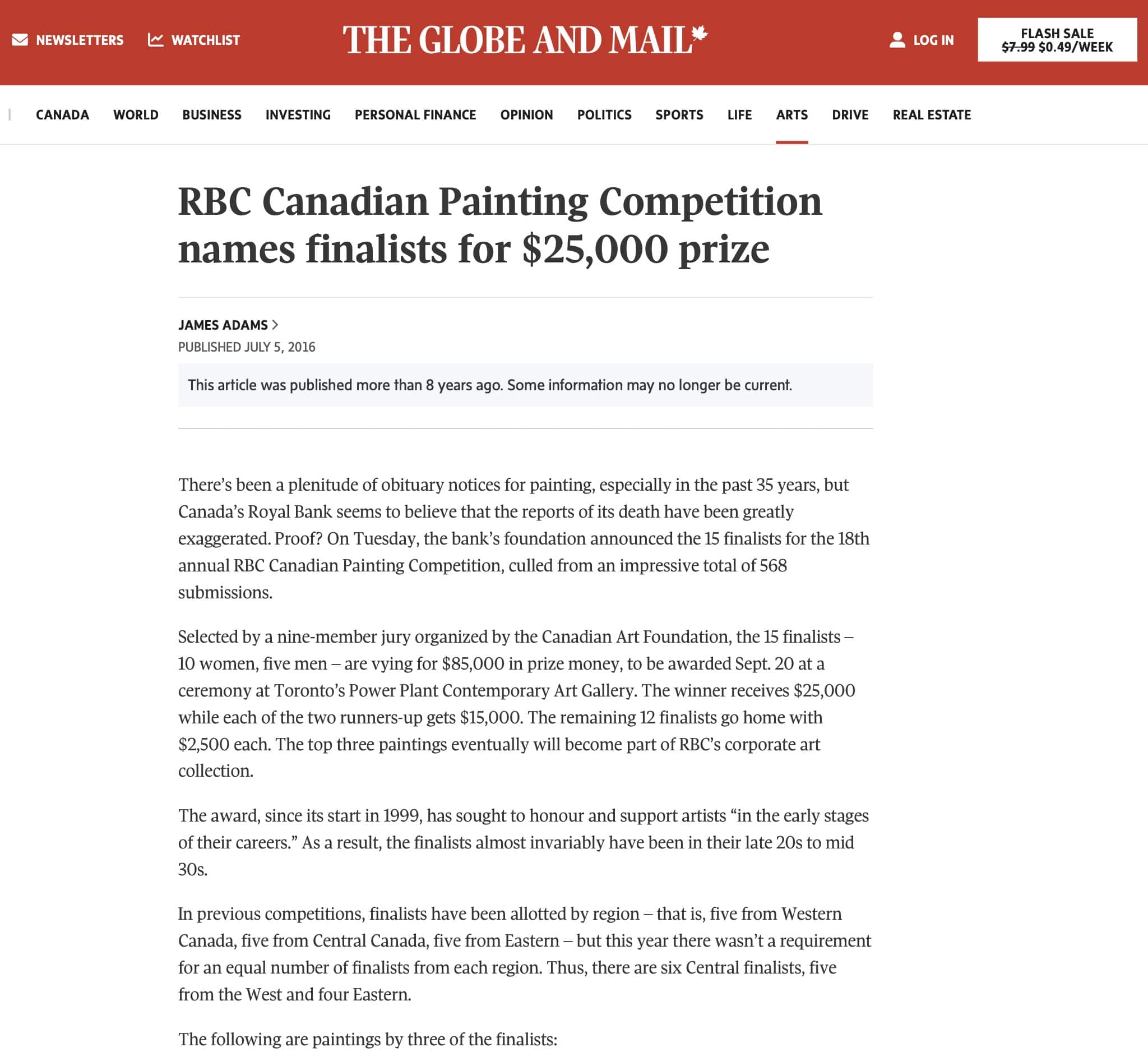 RBC Canadian Painting Competition names finalists for $25,000 prize - The Globe and Mail — 2016